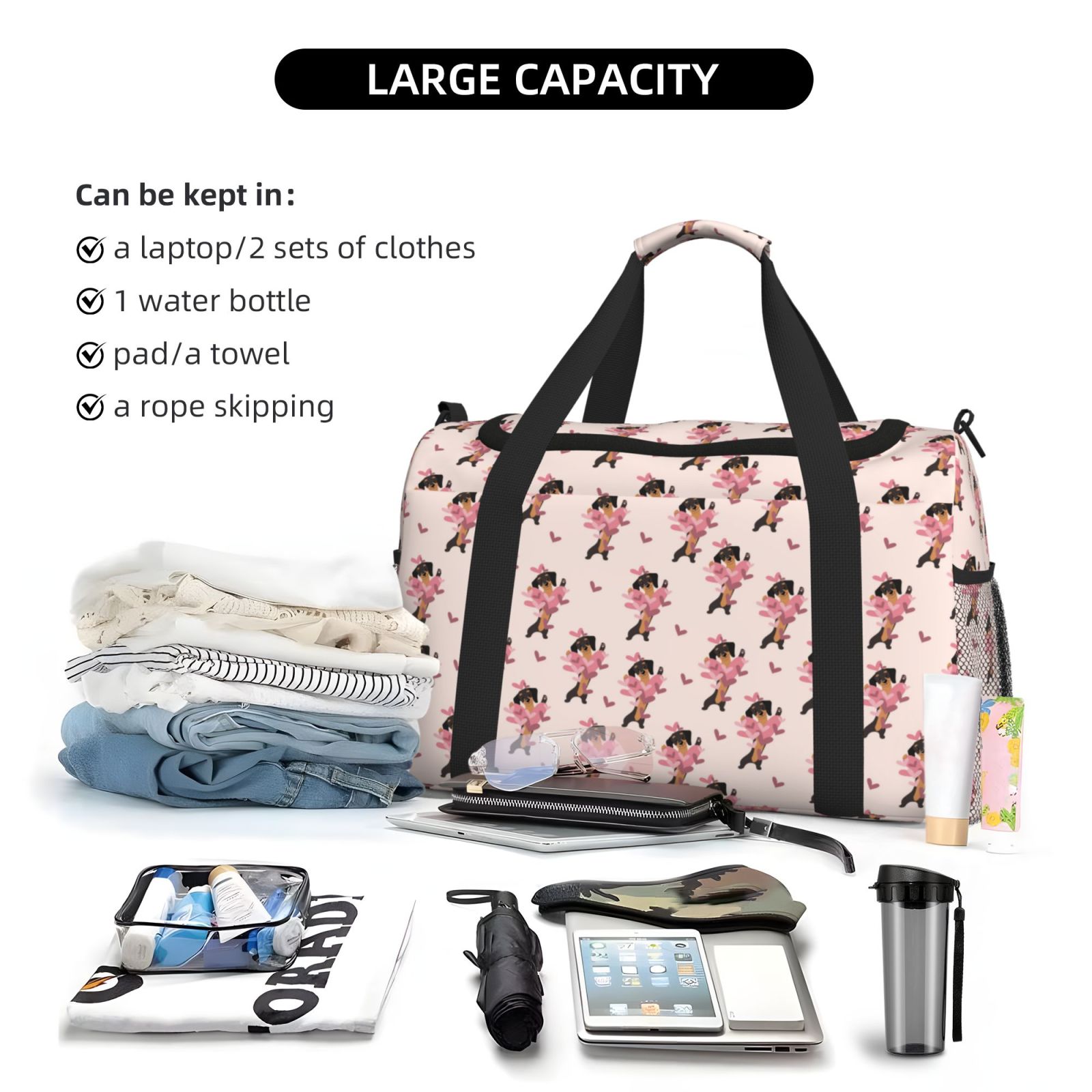 Fuzoiu Dachshund Dog Heart Print Travel Duffle Bag,Carry On Tote Bags,Duffel Bag,Sport Gym Bag, Hospital Bag for Labor and Delivery, Overnight Bag,Luggage Bag