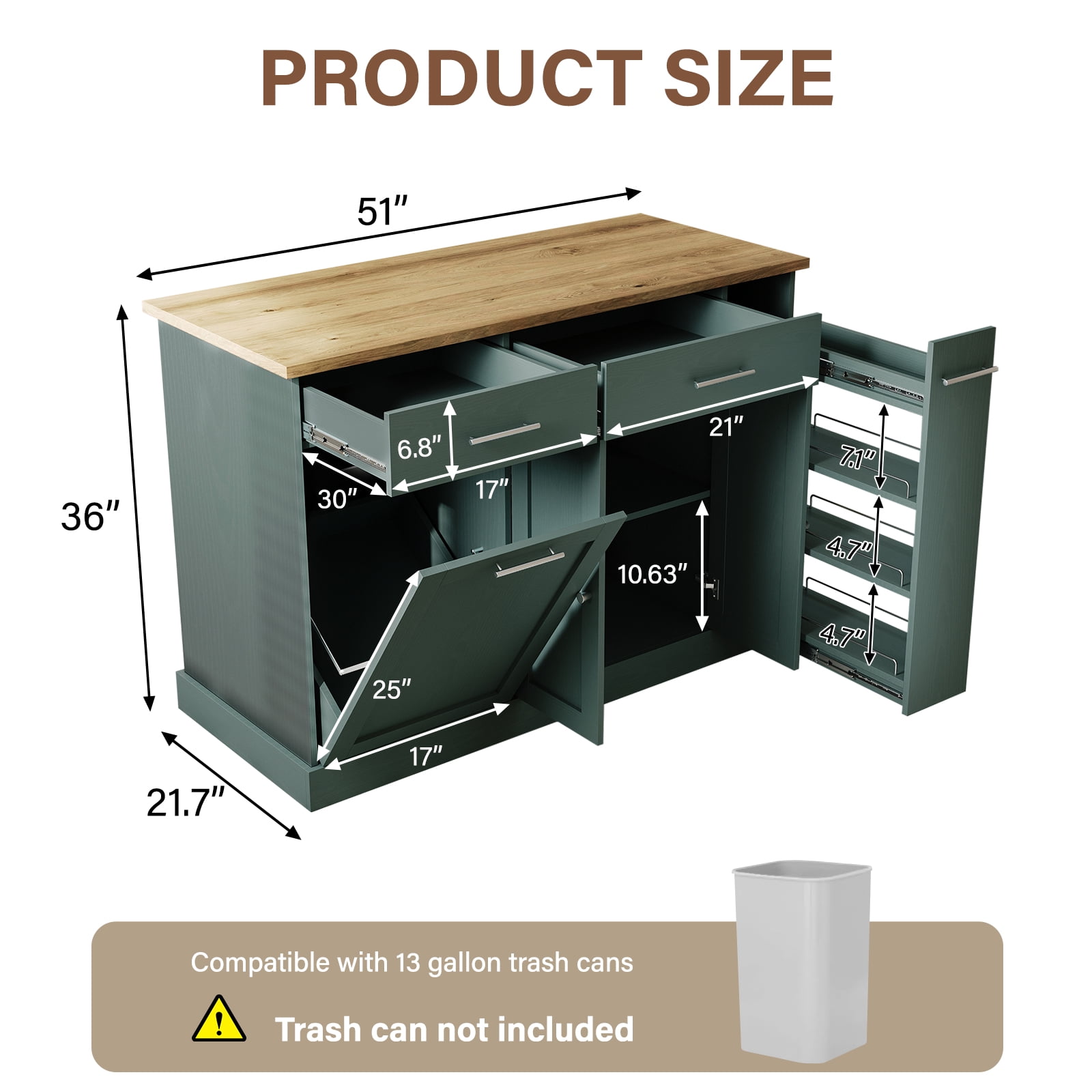 4 EVER WINNER 53" Rolling Kitchen Island on Wheels, Mobile Kitchen Cart with Trash Can Storage, 3-Tier Spice Rack & Adjustable Shelves, Kitchen Island Table for Versatile Kitchen Storage, Deep Green