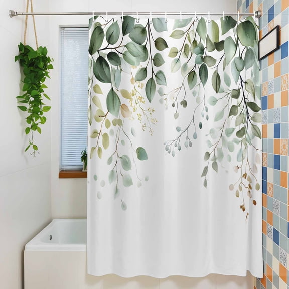 Watercolor Eucalyptus Leaves on The Top Shower Curtain for Bathroom, Green Plant Waterproof Shower Curtains Washable Quick Dry with Hooks Bathtub Curtains 72x72IN