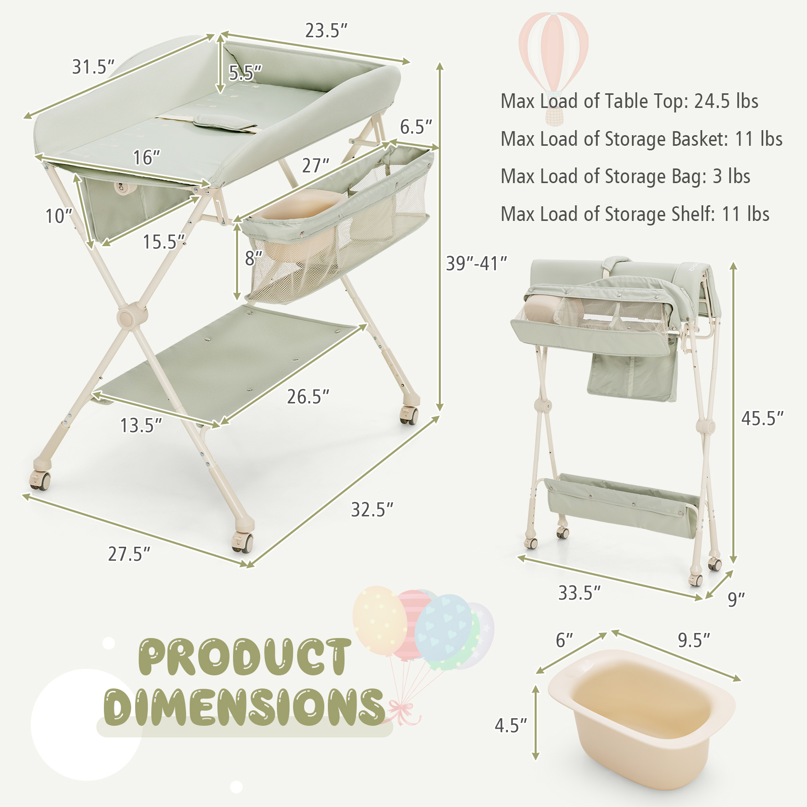 Infans Baby Diaper Changing Table Folding Newborn Nursery Organizer W/Water Basin Wheel