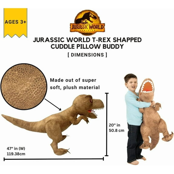 Jurassic World T-Rex Shaped Oversized Cuddle Pillow 47 Inches Kids Bedding Super Soft Plush Doll For age 3 Years and Up