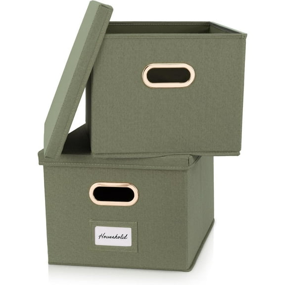 Decorative File Organizer Box Set of 2 - Collapsible Linen Filing Cabinets w/Handles Are Perfect to Store all Your Documents & Hanging File Folders - Portable Easy Slide Crates with Lid