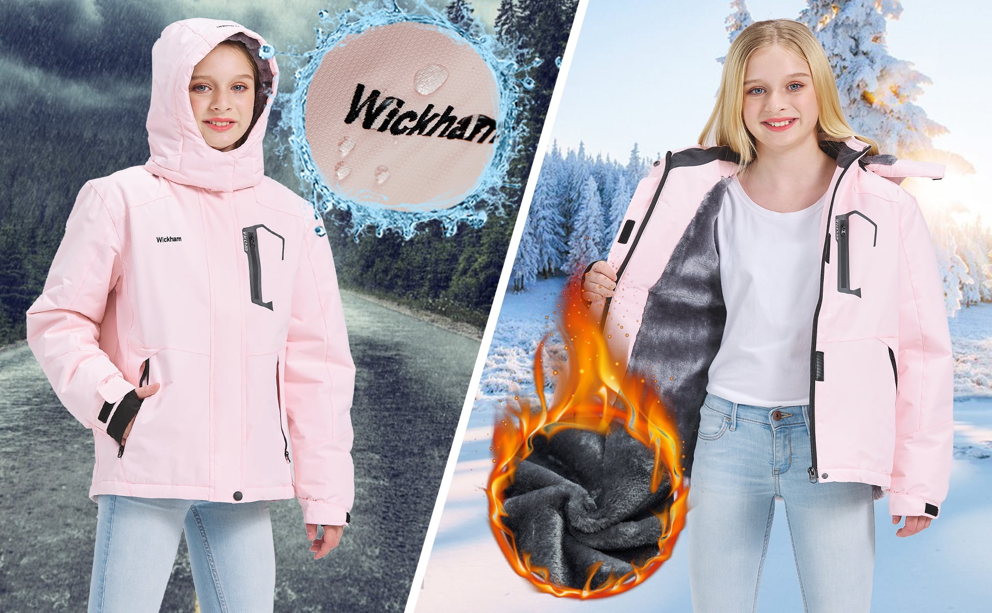 Kids Girls Winter Ski Jacket Fleece Lined Windproof Waterproof Jackets Removable Hood