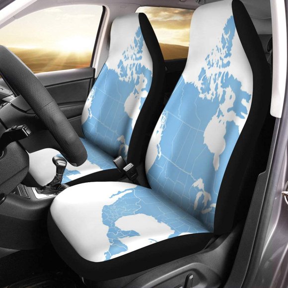 POGLIP Set of 2 Car Seat Covers Blue States Map of North Outline Globe United Universal Auto Front Seats Protector Fits for Car,SUV Sedan,Truck