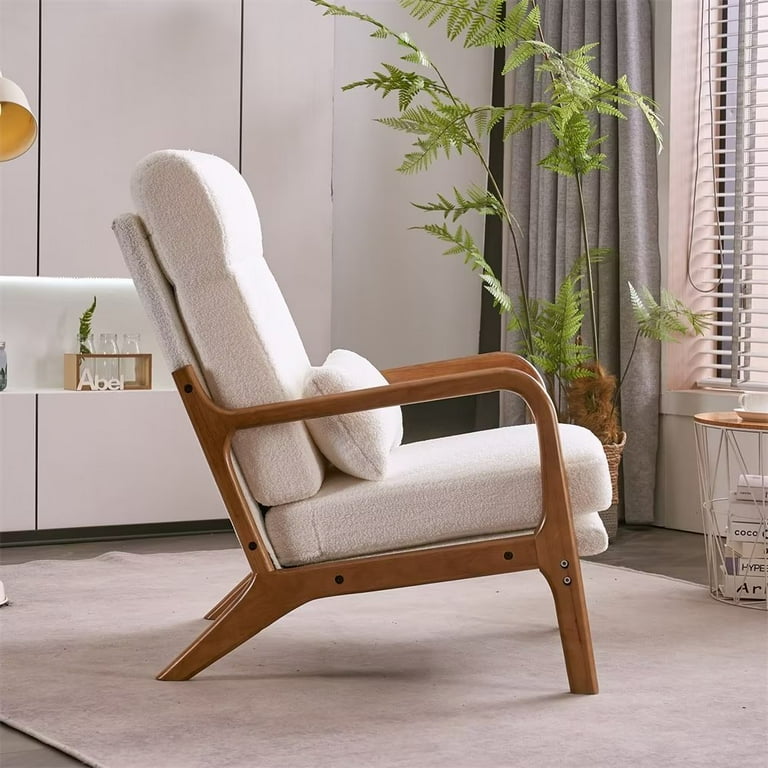 High Back Living Room Chair Modern Accent Chair with Lumbar Pillow Teddy Velvet Fabric Upholstered Armchair with Headrest for Bedroom Living Room