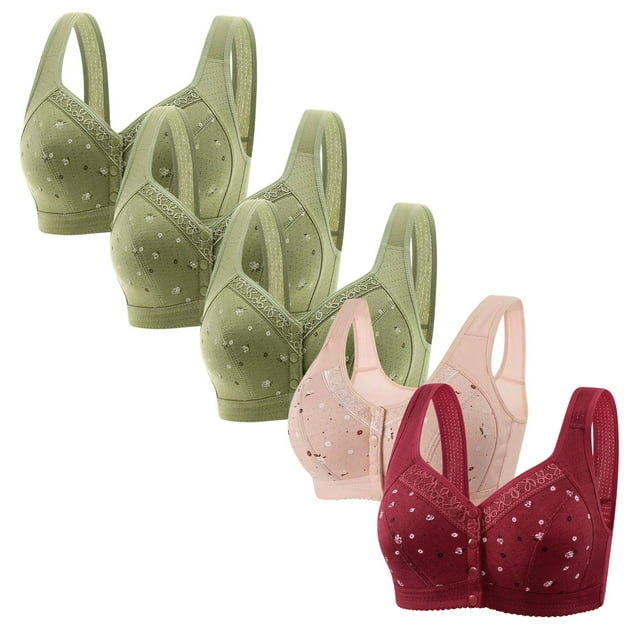 Latrodar Bras for Women Front Closure Bralettes for Women Plus Size 5PCS Supportive Bralette No Underwire Deep Cup Comfy Brassiere with Wide Straps Solid Embroidered Underwear for Lady Dance