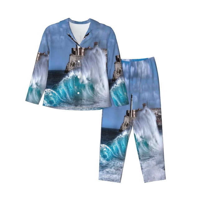 Fotbe Lighthouse in Havana Conjunto de Pijama de Manga Larga para Mujer con Estampado, Ropa de Dormir de 2 Piezas, Conjunto de Casa Suave y Cómodo con Bolsillos-Large