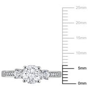 Everly Women's Engagement Anniversary Bridal 1 1/3 CT. Round Created White Sapphire Round-Cut Diamond Accent (G-H, I2-I3) 10kt White Gold 3-Stone Ring with 4 Prong/Pave Setting & Shoulder Diamonds