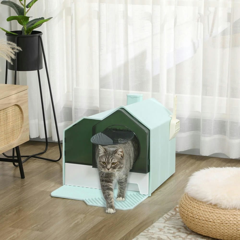 Resenkos Cat Litter Box, Cat Litter Pan, Hooded Cat Litter Box w/ Litter Mat, Litter Particle Catching, Light Blue