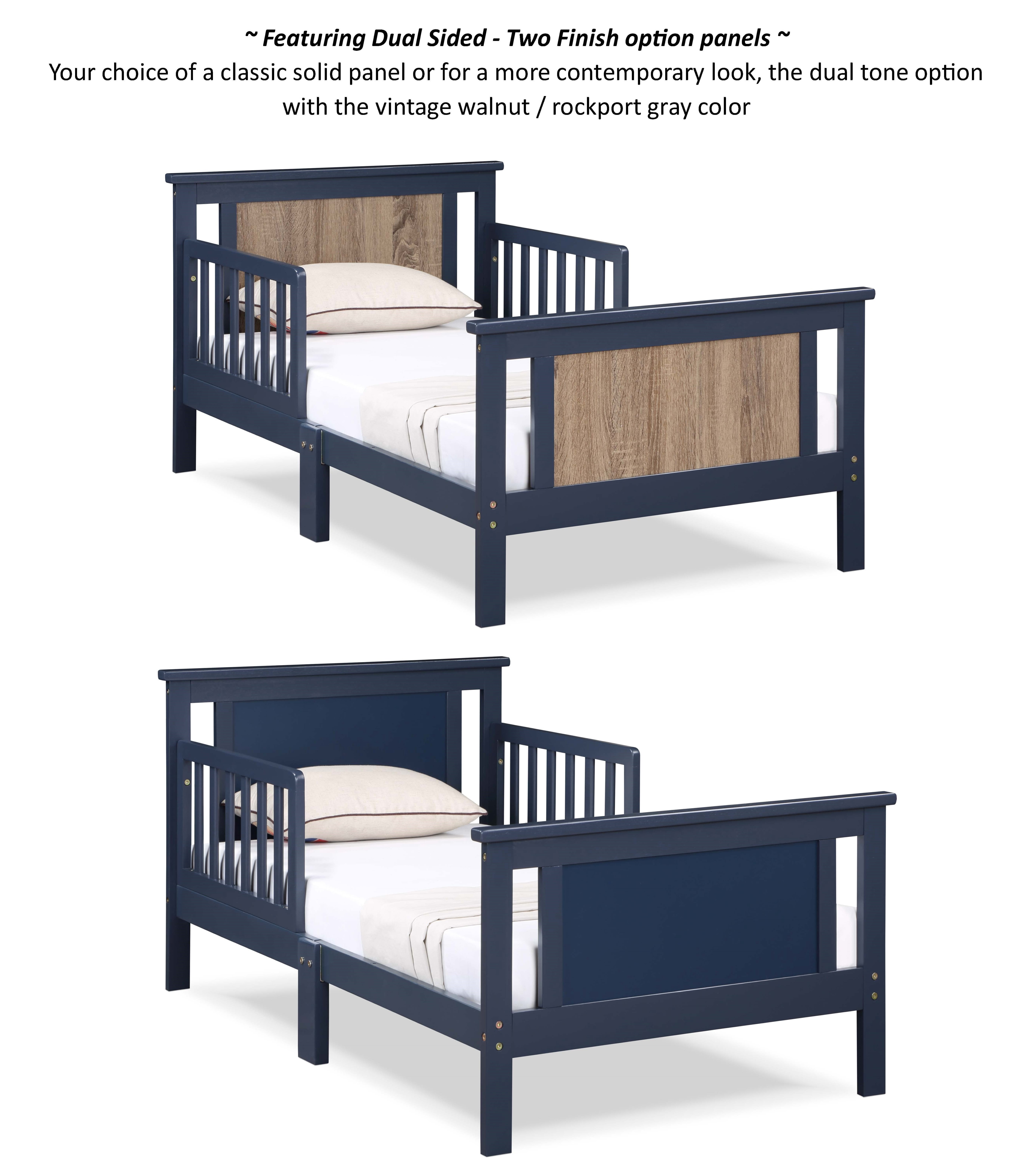 Olive & Opie Connelly Wood Reversible Panel Toddler Bed in Midnight Blue/Vintage Walnut