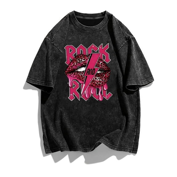 plus size plus size womens washed vintage rock and roll leopard lips print oversized t shirt casual loose short sleeve crew neck summer tee tops for punk rock streetwe