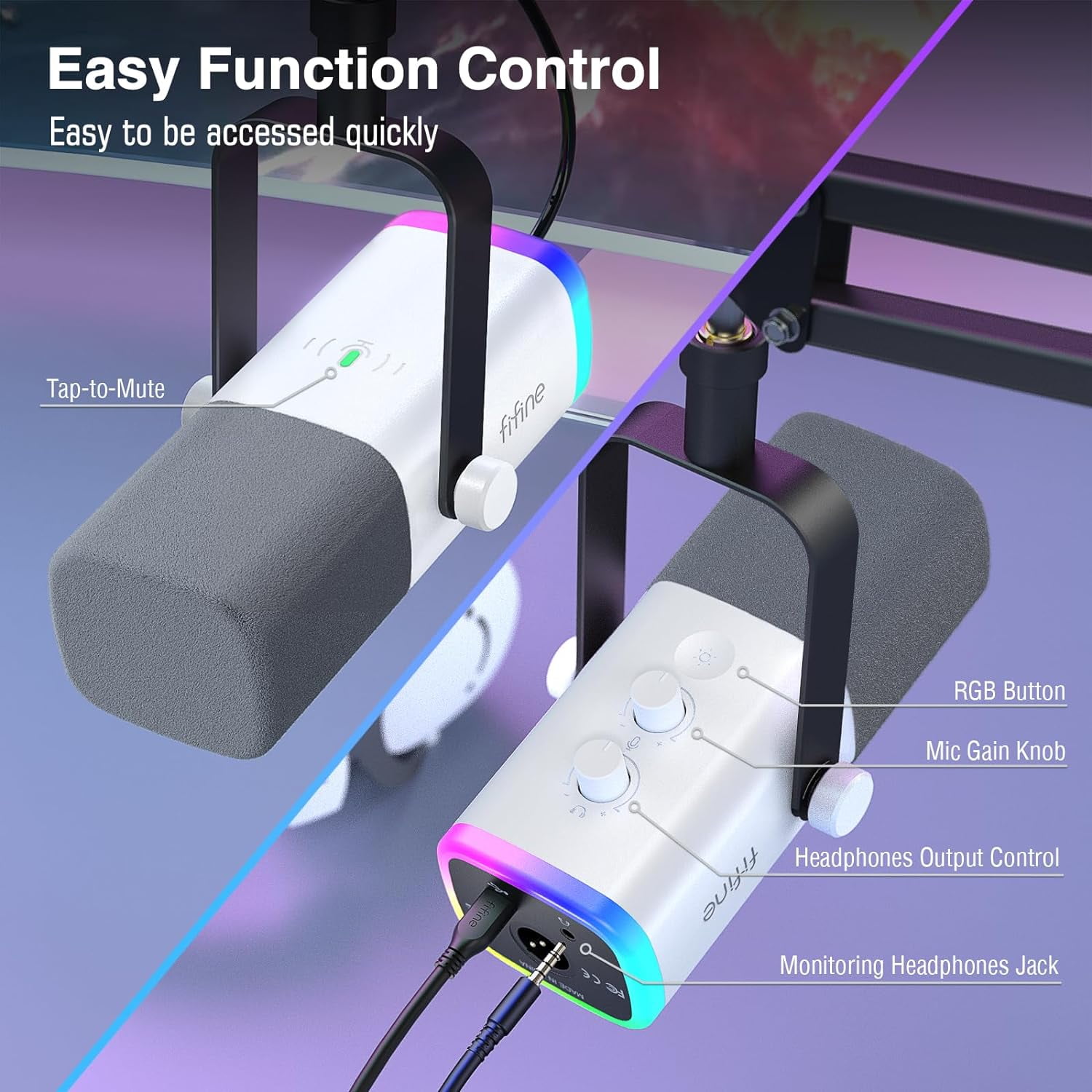 FIFINE AM8 Dynamic Microphone with Boom Arm Stand, USB XLR Gaming Microphone Kit for PC Computer PS5 with RGB, Mute, Headphone Jack for Streaming AM8T, White