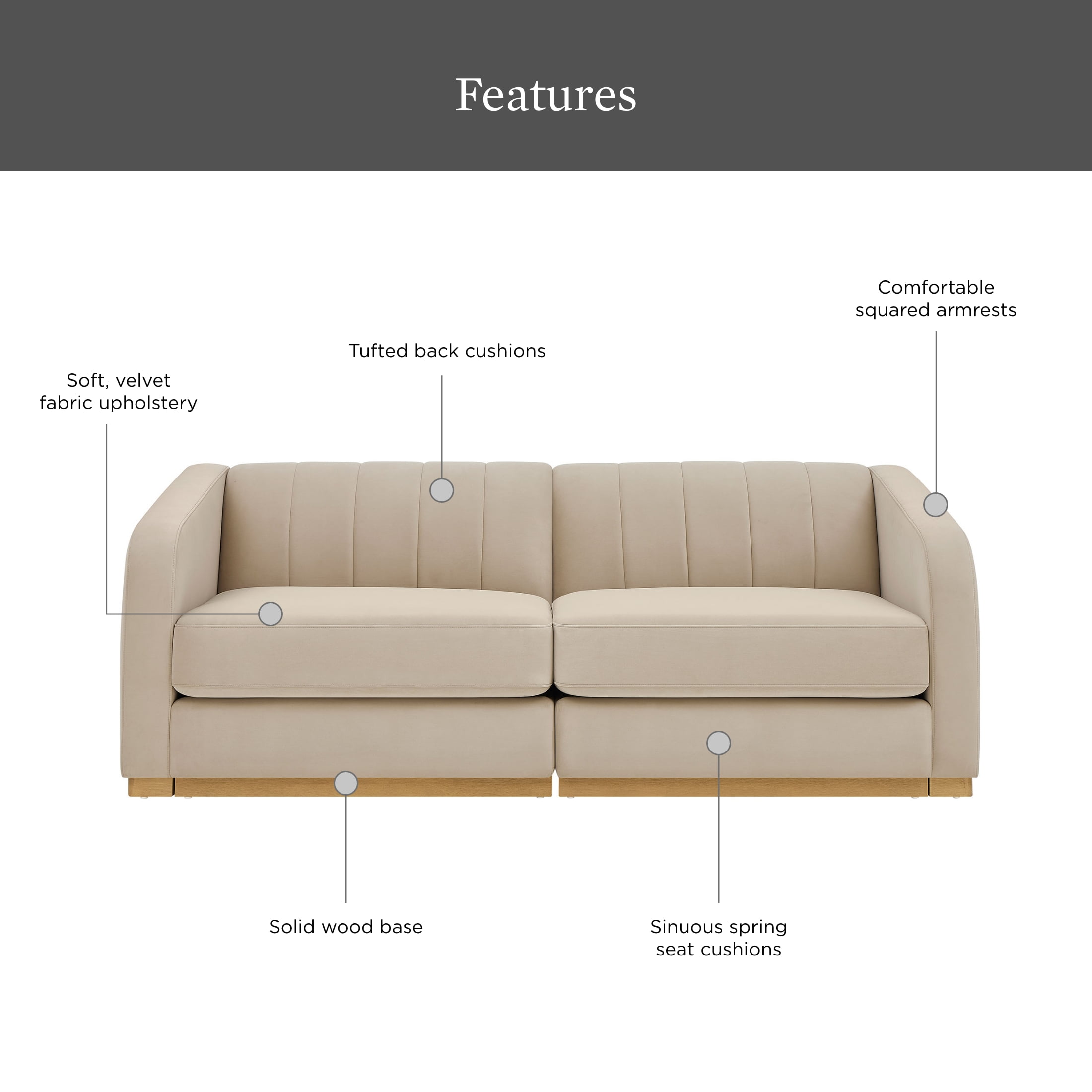 Better Homes & Gardens Lillian Channel Tufted Sofa 83.5" Beige Velvet