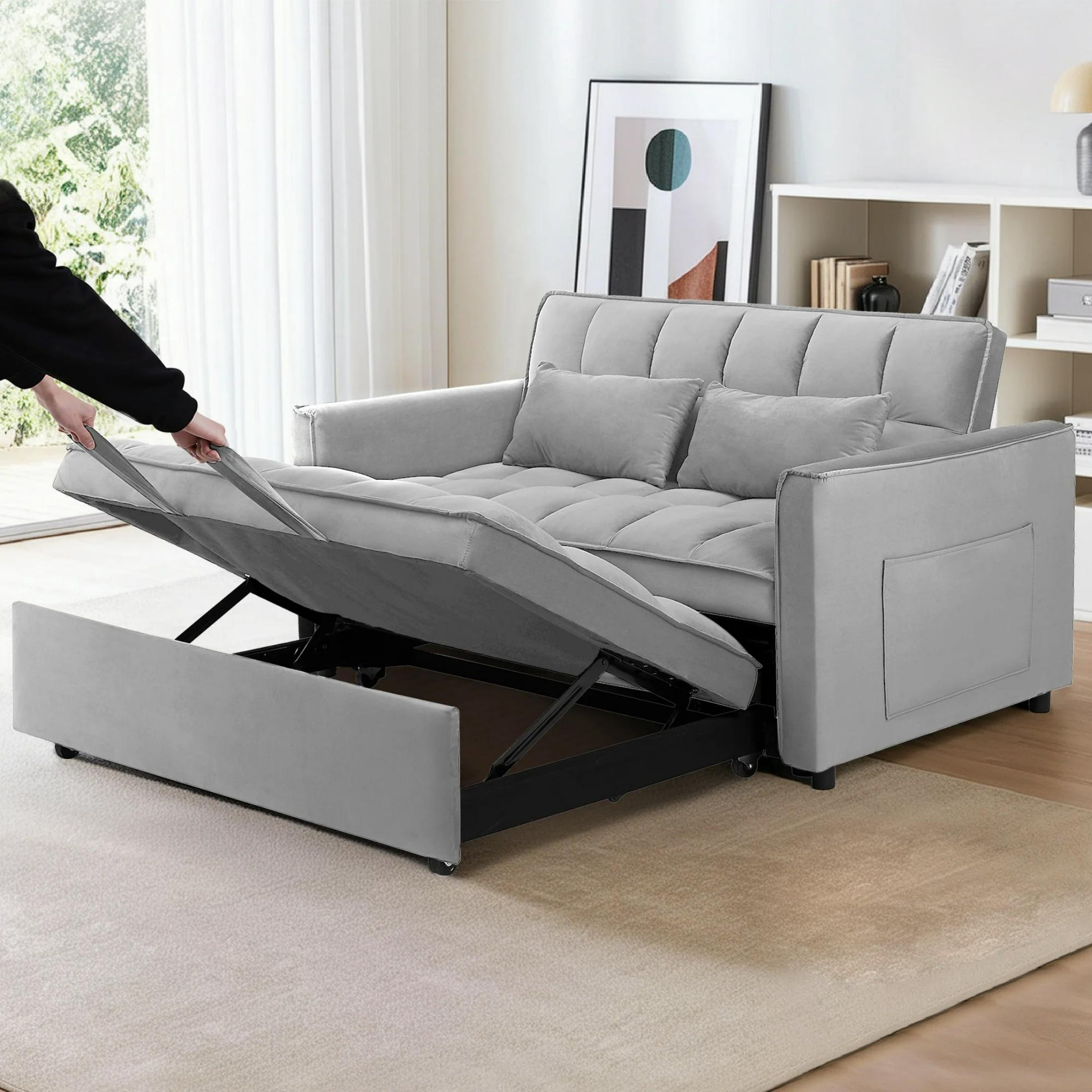 AISWORD Convertible Sofa Bed, 3 in 1 Pull Out Sleeper Loveseat Couch with Storage, Gray