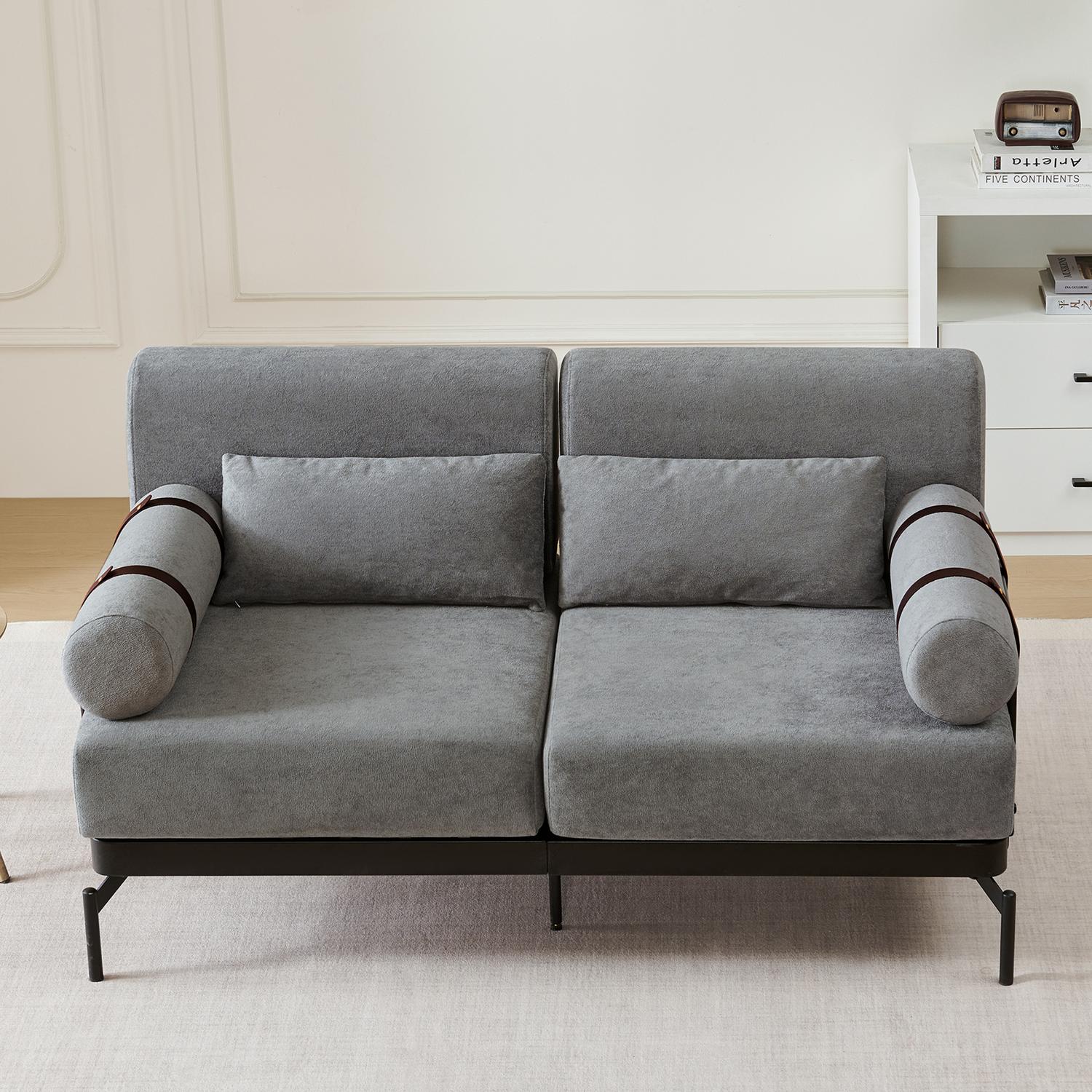 59" Loveseat Sofa with USB Ports,Modern Sofa Couch 2-Seater Sofa with 2 Pillows,Cylindrical Armrests for Living Room Bedroom Apartment,Grey