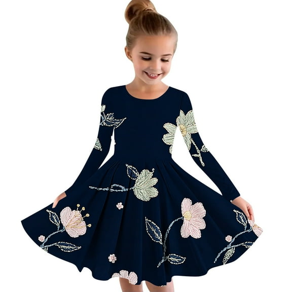 Odeerbi Kids Girls Cute Floral Skater Dress Flared Princess Dresses 4-14 Years Children Round Neck Long Sleeve Dress Kids Girls Clothes