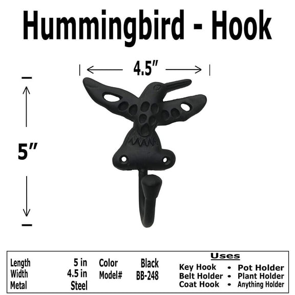 Antique Hardware Depot 1 5" - Hummingbird - BB-248 - Coat Hook - for Coats, Bags, Hand Towel etc - Black Wrought Iron Finish