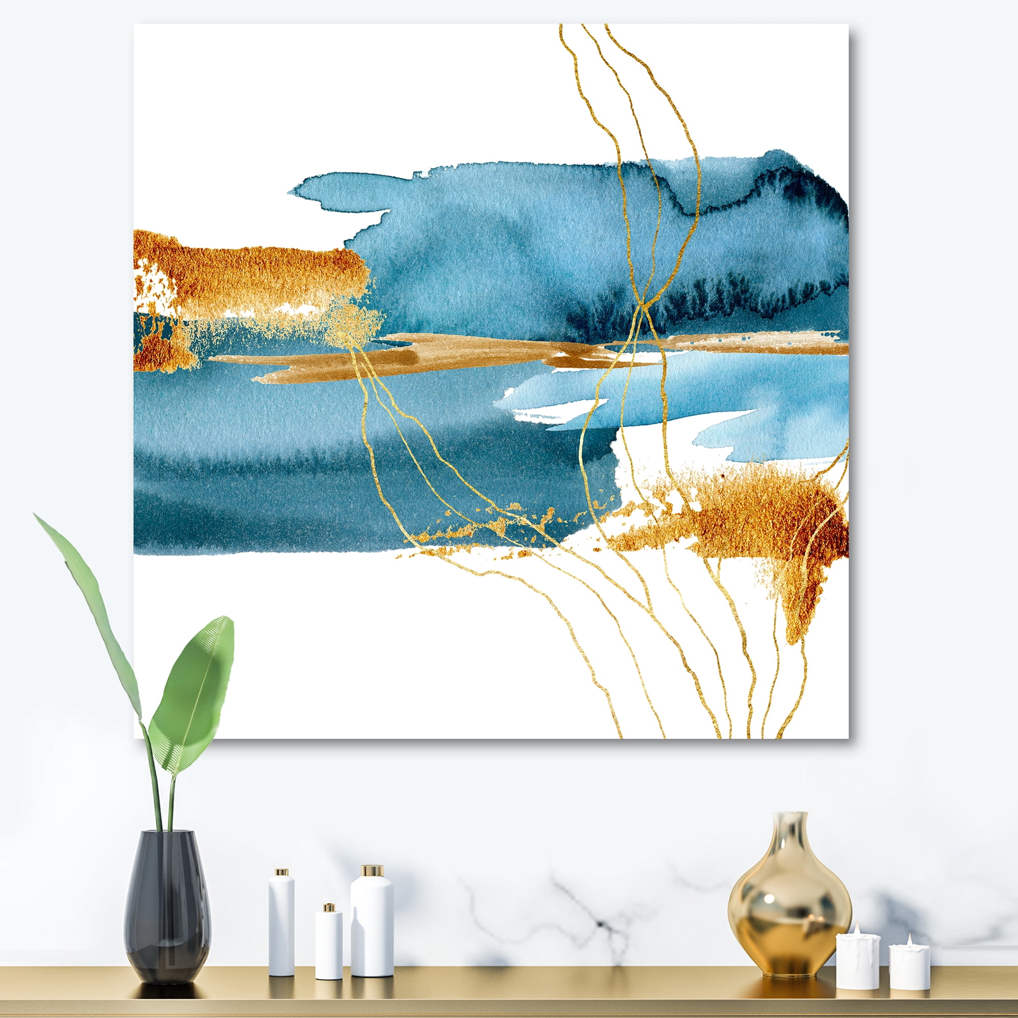 Designart ' Golden Laminaria Branch With Blue Underwater Plant ' Modern Canvas Wall Art Print