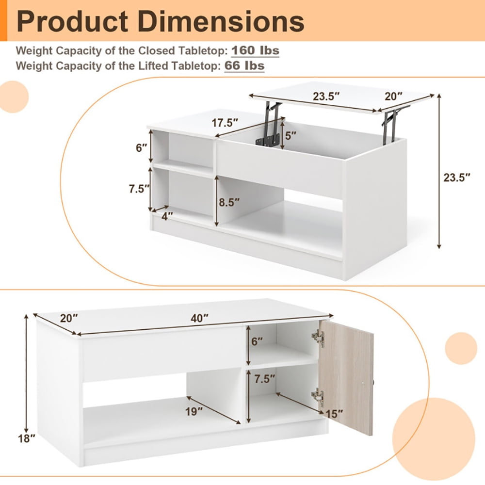 Finihen Coffee Table, Lift Top Coffee Table, Modern Coffee Table with Lift Tabletop and Storage Compartments, for Living Room, Reception Room, Office, White Finihen Coffee Table, Lift Top Coffee Table, Modern Coffee Table with Lift Tabletop and Storage Compartments, for Living Room, Reception Room, Office, White