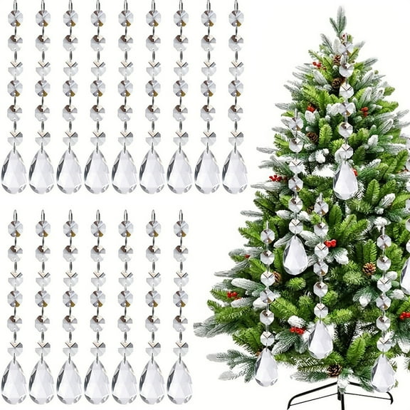 Triani 30Pcs Clear Acrylic Crystal Ornament Beads Garland Hanging Clear Plastic Acrylic Tear Drop Crystal Ornaments for Xmas Wedding Party Home Decor