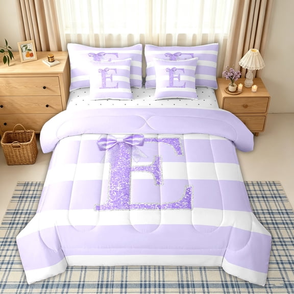 Homewish Ribbon Initial Letter E Twin Bedding Sets 7-Piece for Girls Women, Cartoon Monogrammed Bedding Comforter Set, Reversible