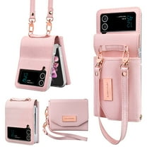 Dteck for Samsung Galaxy Z Flip 3 5G Wallet Case with Built-in Leather Cash Slot and Credit Card Holder Detachable Wristlet Strap and Hinge Protection Carrying Handbag Phone Case for Women Ladies,Pink