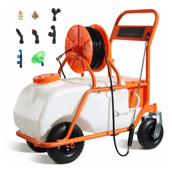 Battery Powered Lawn Sprayer, 15 Gallon Cart Sprayer with Wheels - 0-90 PSI Adjustable Pressure, 12V 12Ah Battery, 8 Nozzles & 2 Wands for Garden, Lawn & Farm Use
