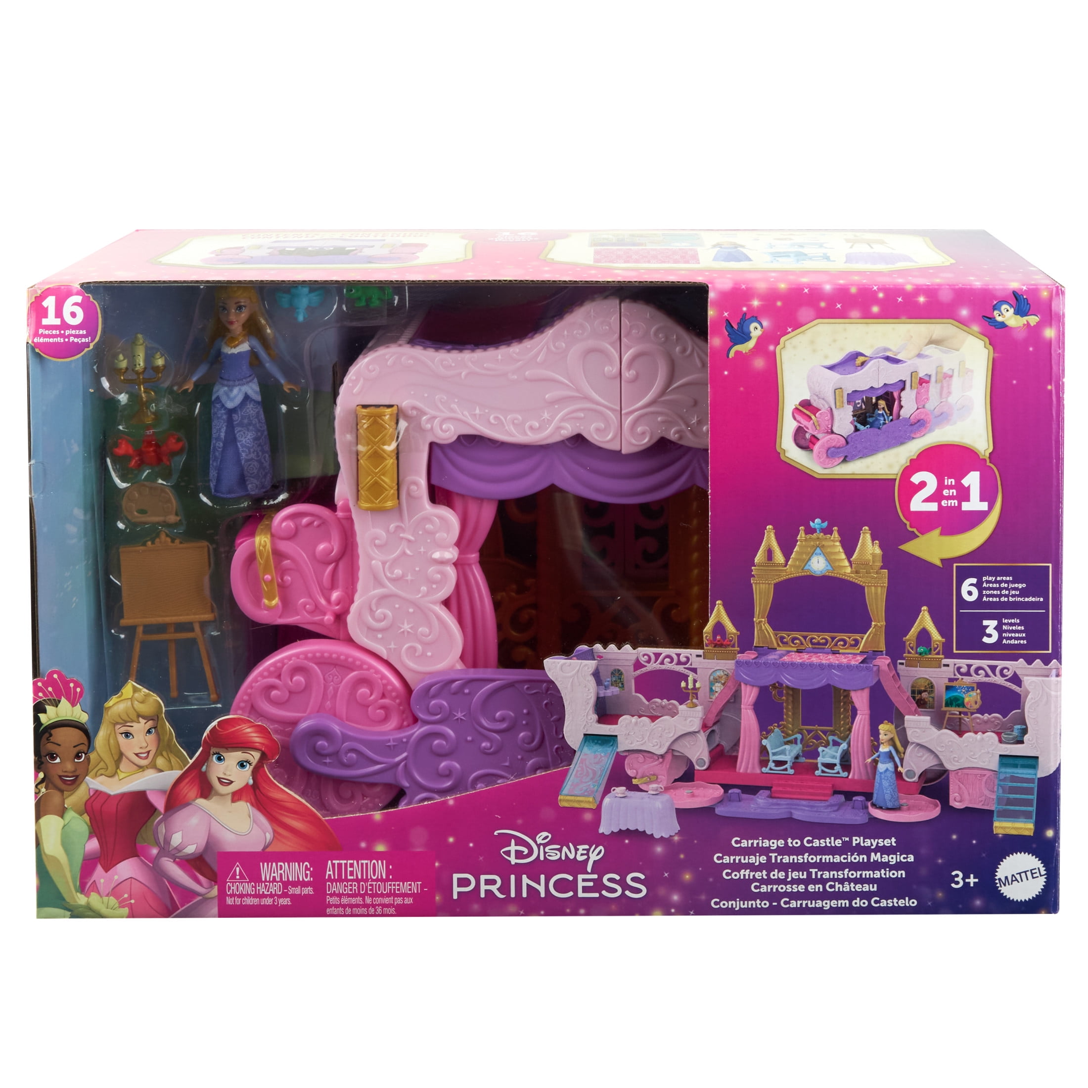 Disney Princess Carriage to Castle Transforming Playset with Aurora Small Doll, 4 Figures & 3 Levels