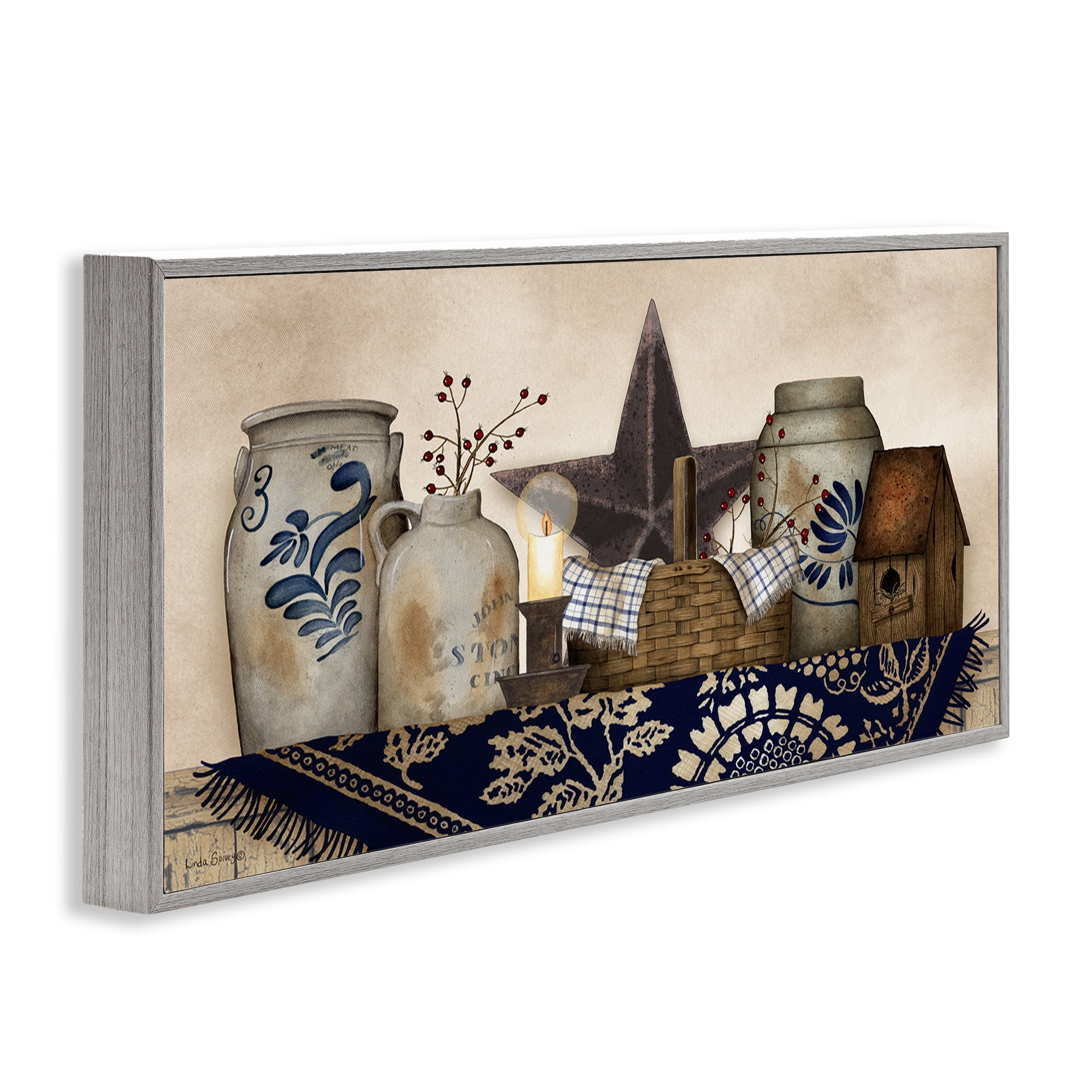 Stupell Industries Rustic Pottery Jars Botanical & Floral Painting Gray Framed Art Print Wall Art, 24 x 10