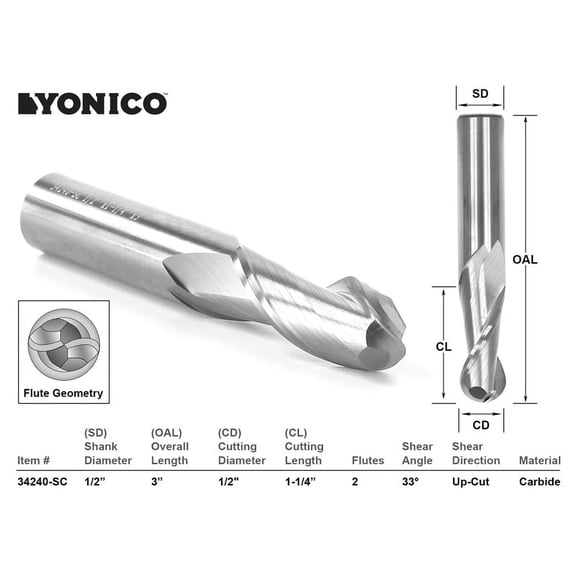 Yonico CNC Router Bit Ball Nose Solid Carbide 1/2" X 1-1/4" X 1/2" X 3" 34240-SC