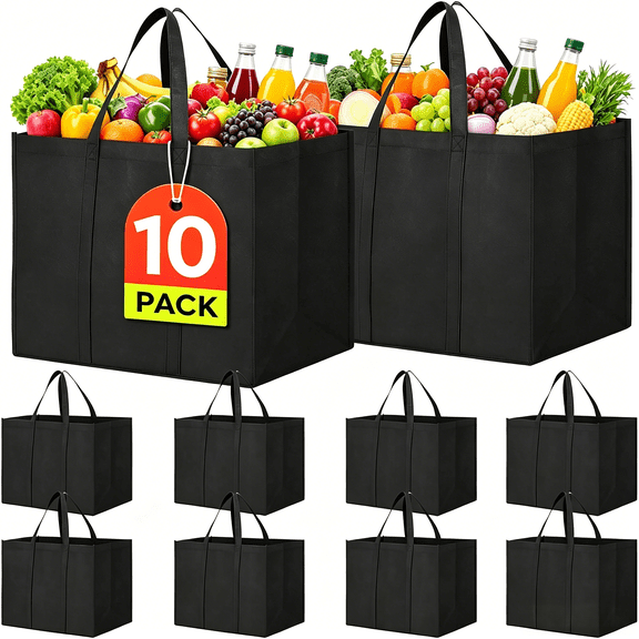 Reusable Grocery Shopping Bags 10 Pack Large Foldable Tote Bags Bulk, with Long Handle for Shopping Groceries Clothes (Black)