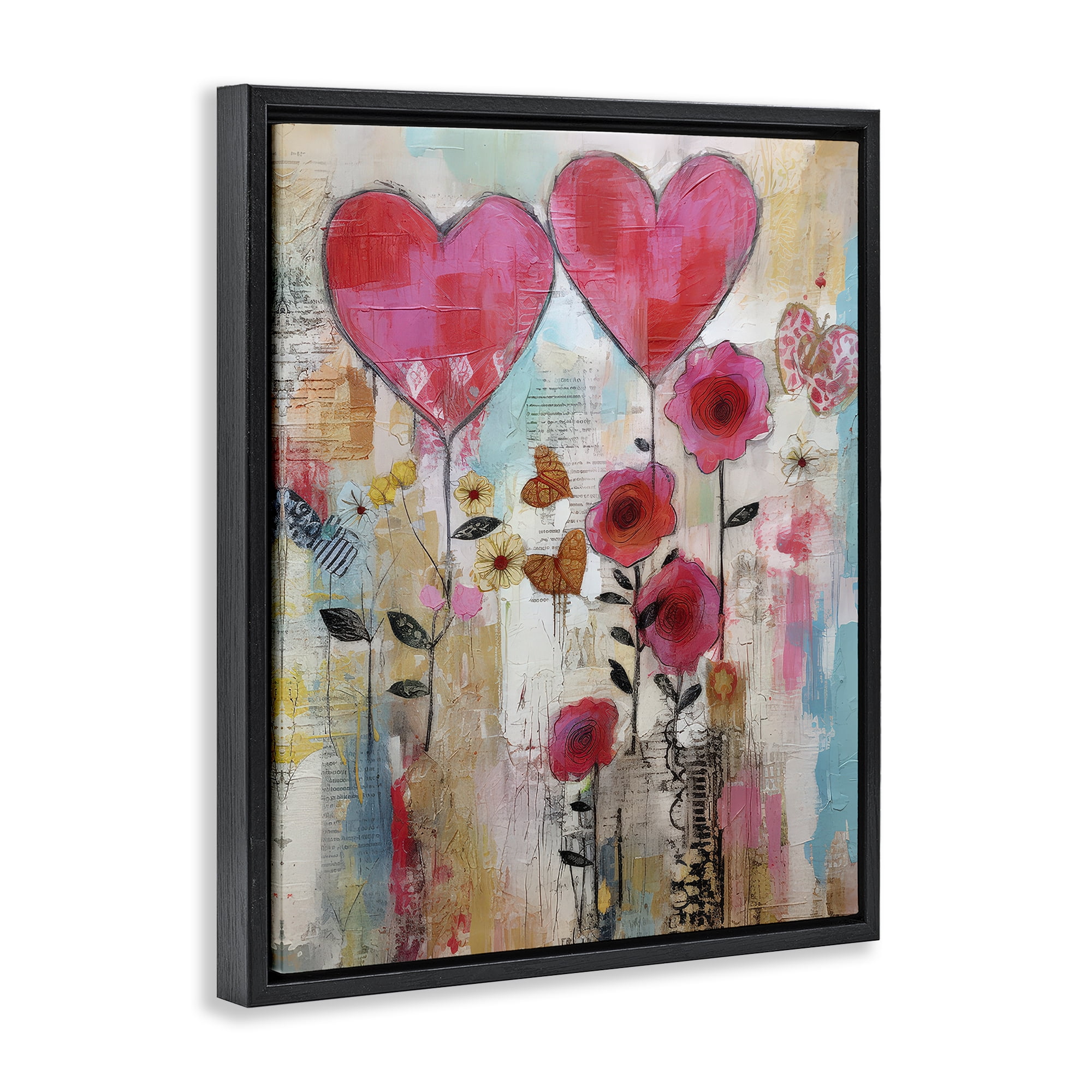 Stupell Industries Whimsical Hearts & Garden Abstract Painting Black Floater Framed Canvas Art Print Wall Art, 17 x 21