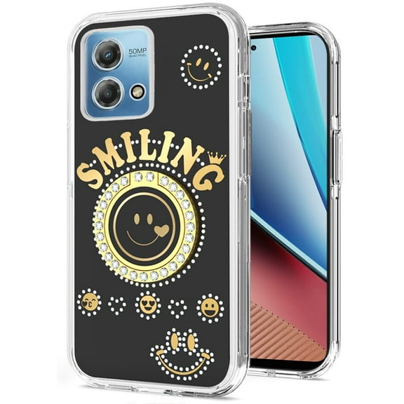 For Motorola Moto G Stylus 5G 2023 Smiling Ornament Bling Sparkle with Ring Stand Hybrid Slim Hard Back Shell Cover ,Xpm Phone Case [ Black ]