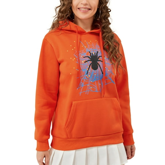 Women Halloween Hoodie, Long Sleeve Hooded Cobweb Spider Print Pullover Fall Tops with Pocket