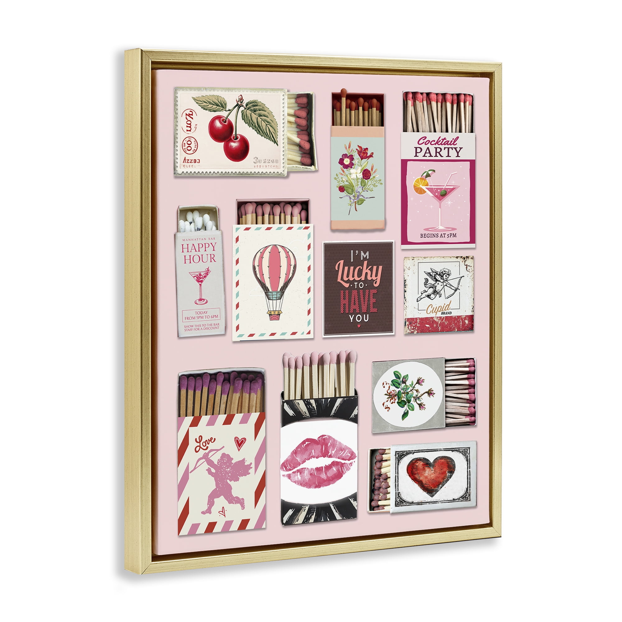 Stupell Industries Vintage Romantic Matchbox Collection Gold Framed Floater Canvas Wall Art, design by CAD Designs