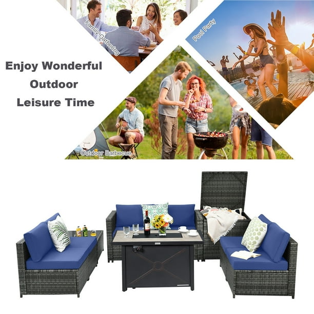 Gymax 9 PCS Patio Rattan Furniture Set Fire Pit Table Storage