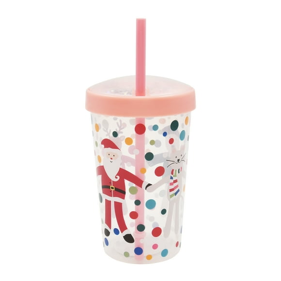 Holiday Time Christmas Santa Polka Dot Plastic Tumbler with Straw, Pink Glitter Lid, Partyware