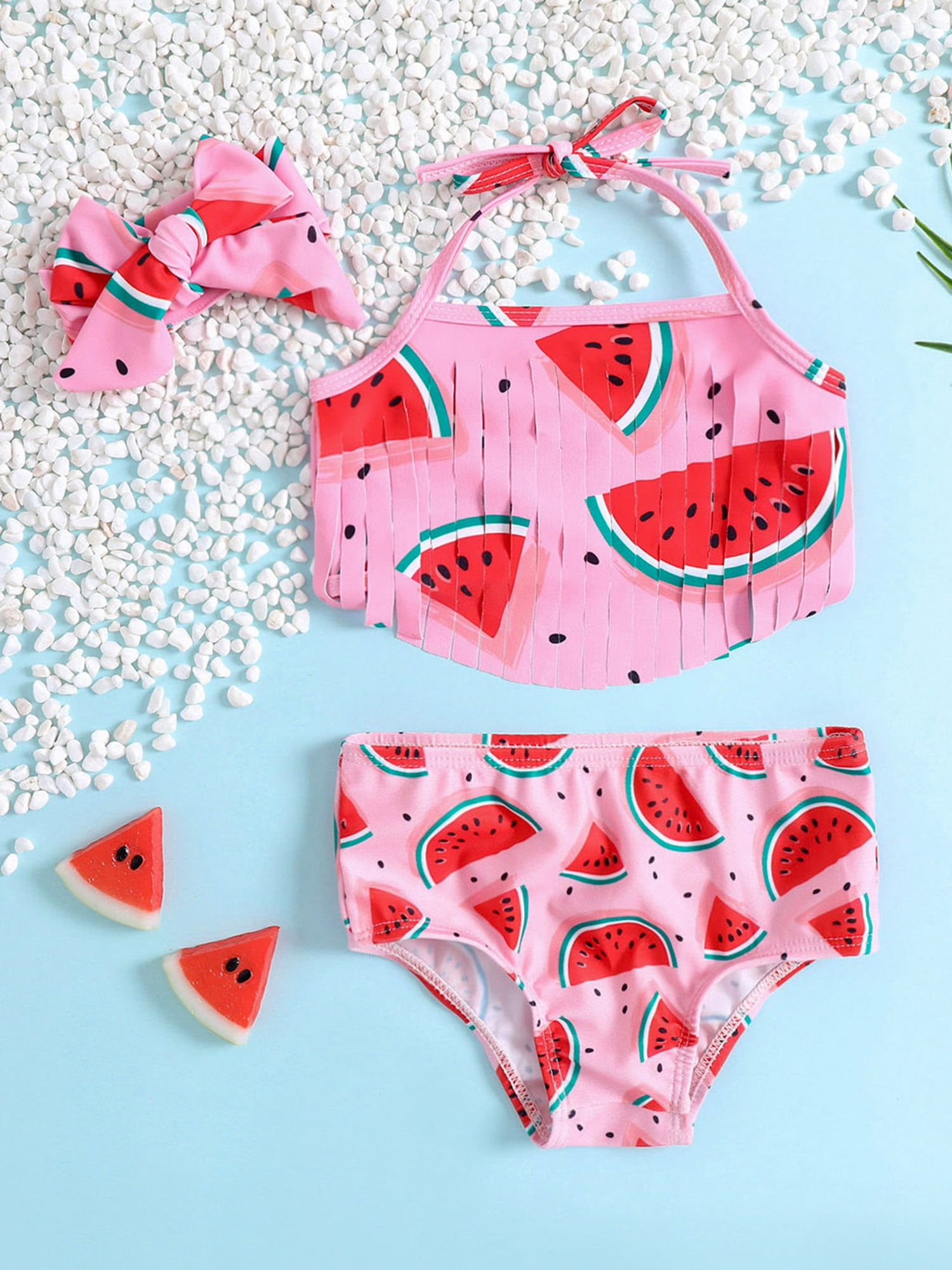 Douhoow Baby Girls Swimsuits 2pcs Halter Tassel Vest Watermelon