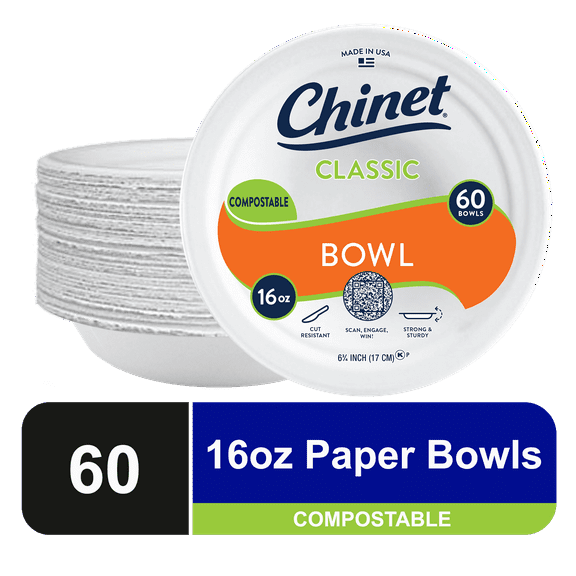 Chinet Classic Premium Disposable Paper Bowls, 16oz, White, 60 Count