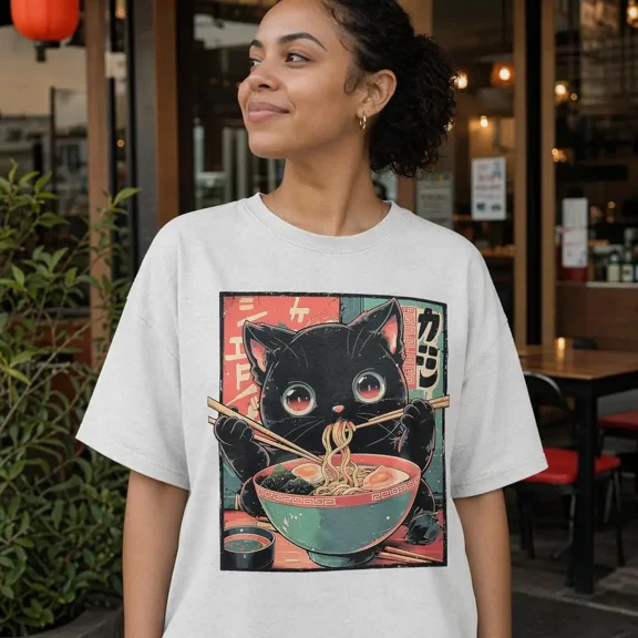 Kawaii Black Cat Eating Ramen Japanese Anime Graphic Crew Neck Casual Short Sleeve T-Shirt For Food Cat Lovers