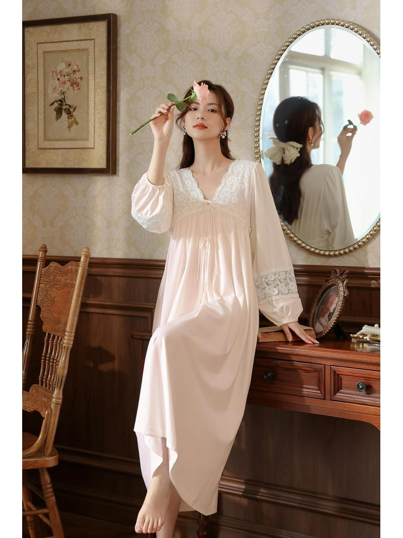 QIUYI Victorian Nightgown for Women Vintage Cotton Nightdress Long
