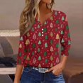 thumbnail image 2 of WTOBBY Women's Christmas Snowflake Tree Print V-Neck Decorative Button 3/4 Sleeve T-Shirt with Merry Christmas, Ladies Holiday Season Top for Casual Fashion Wear,Deep Red L, 2 of 5