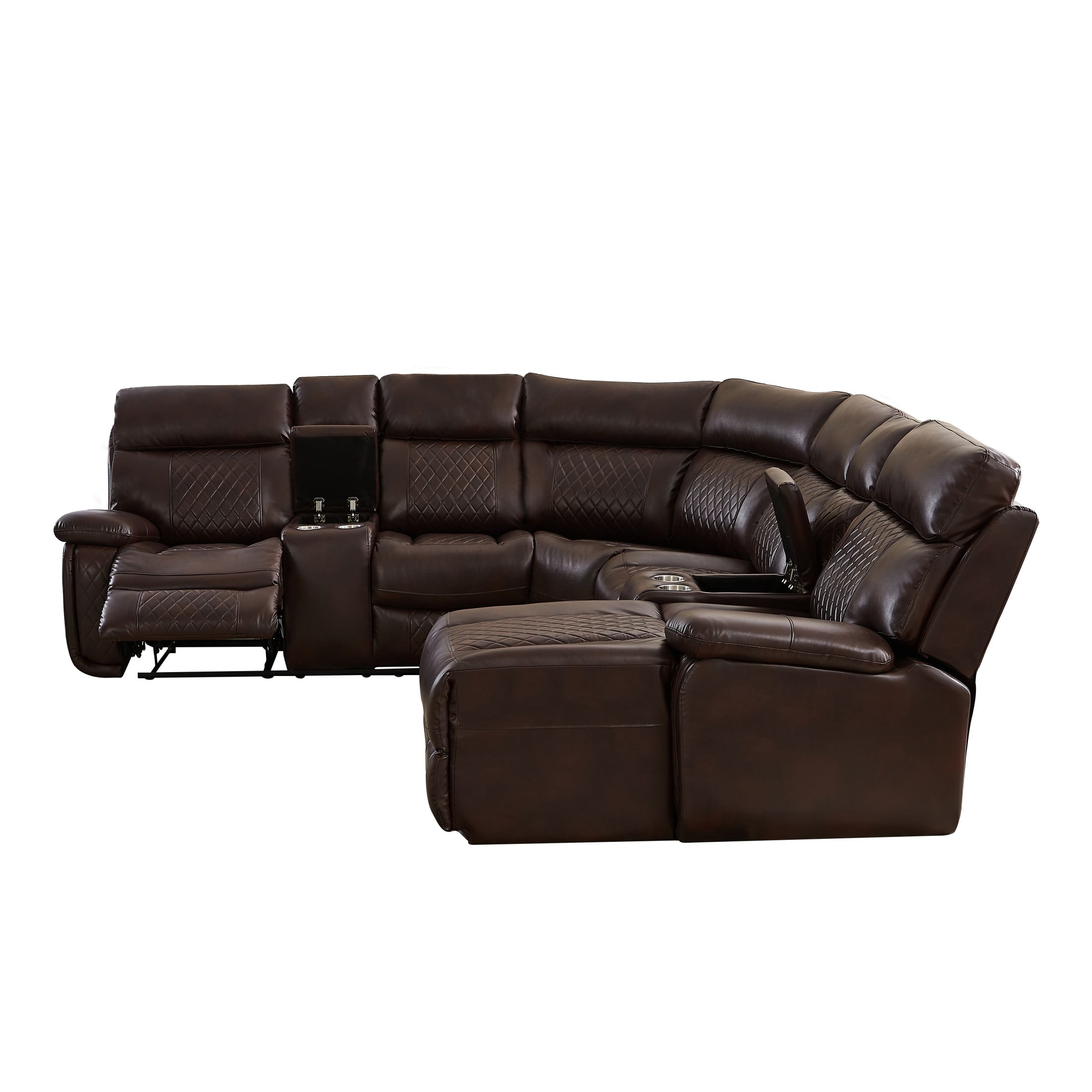 Gewnee 100” Sectional Manual Recliner Living Room Set, 5-Seat with 1 Recliner, 2 Armless Chairs, 1 Wedge, 1 Chaise, Console Storage, Brown PU Upholstery