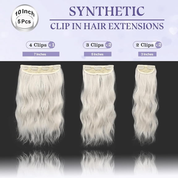 WEIF-Synthetic Clip in Hair Extensions for Women 10 Inch 5Pcs Short Wavy Curly White Blonde with Gray Tone Hair Extensions Clip ins Full Head Synthetic Hair Extension for Women