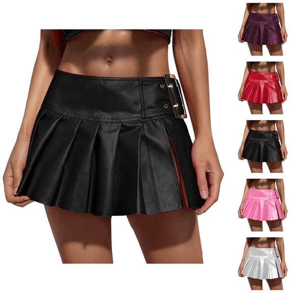 Leather Pleated Mini Skirt for Women Low Rise Side Slit Metallic Shiny Micro Skirts