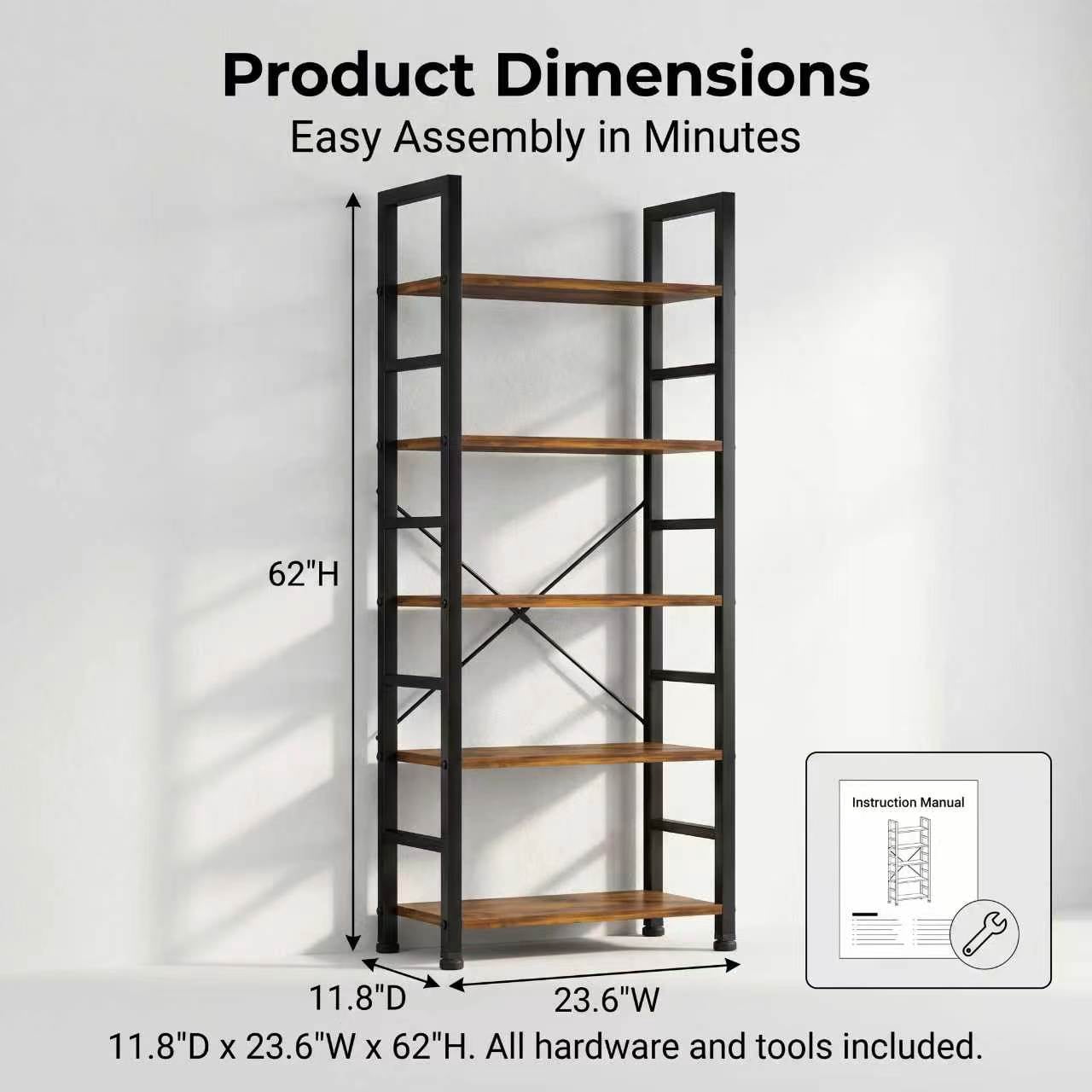 ZEUKMXOO 5-Tier Tall Vintage Industrial Open Bookshelf, Multi-Purpose Standing Storage Shelf Organizer for Living Room, Home Office, Bedroom, Kitchen