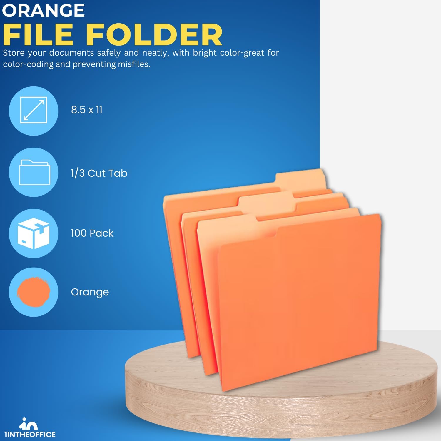 1InTheOffice Orange Folder, Orange File Folders, Durable Folder, File Folder Letter Size, 1/3 Cut Assorted Tab, 100 pcs (100)