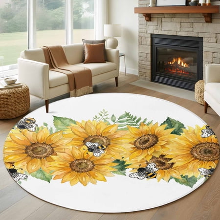 Round Area Rug 5ft Watercolor Blossom Sunflower Bee Non-Slip Non-Shedding Floor Mat Spring Floral Leaves Washable Sturdy Carpet for Living Room Bedroom Home Decor