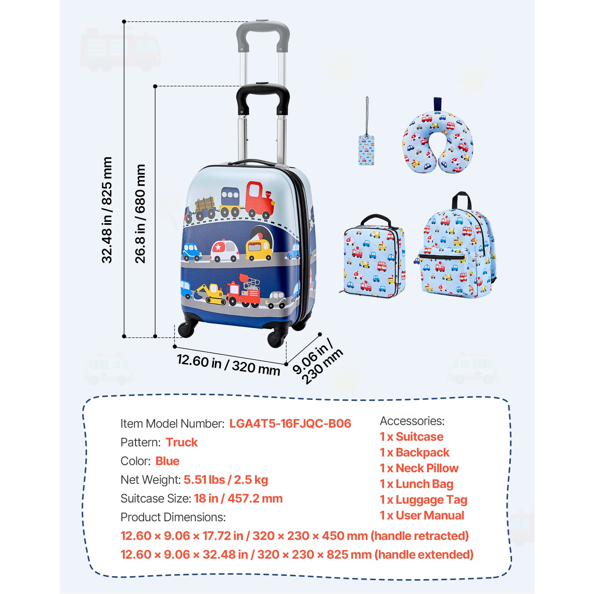 KFFKFF 5-Piece Kids Luggage Set, 18-Inch Rolling Suitcase with Backpack & U-Shape Pillow, Hardshell Carry-On for Children, Travel Gift for Boys and Girls, Airline Compatible