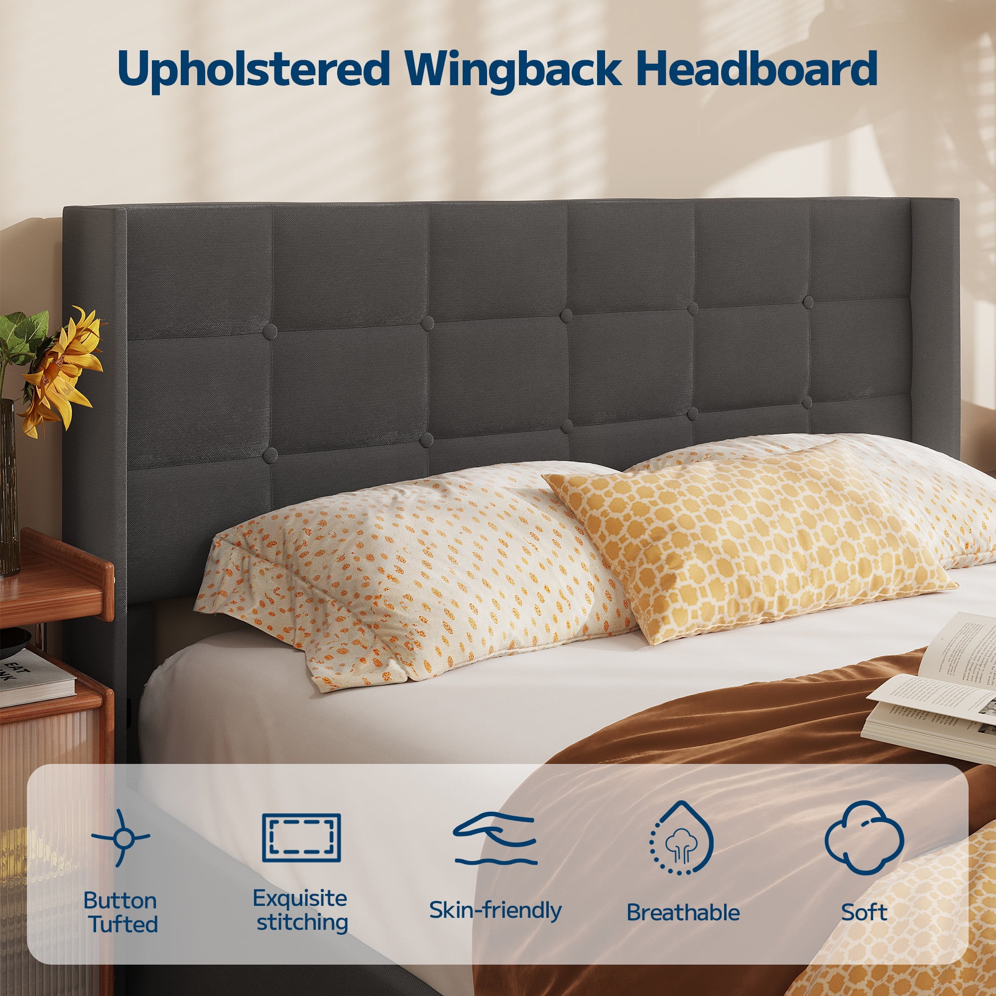 Asofer Queen Bed Frame, Lift-Up Storage w/Modern Wingback Headboard, No Box Spring, Gray